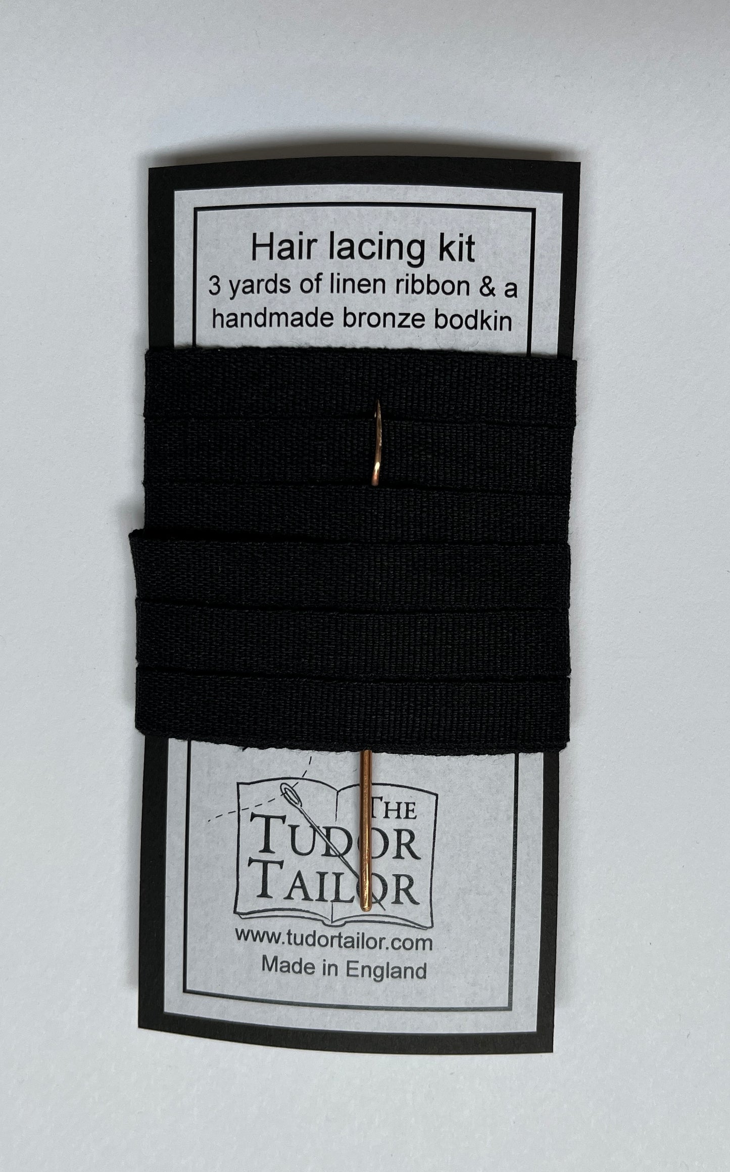 Hair lacing kit in various colours for Tudor or Elizabethan reenactment featuring bronze bodkin and linen ribbon