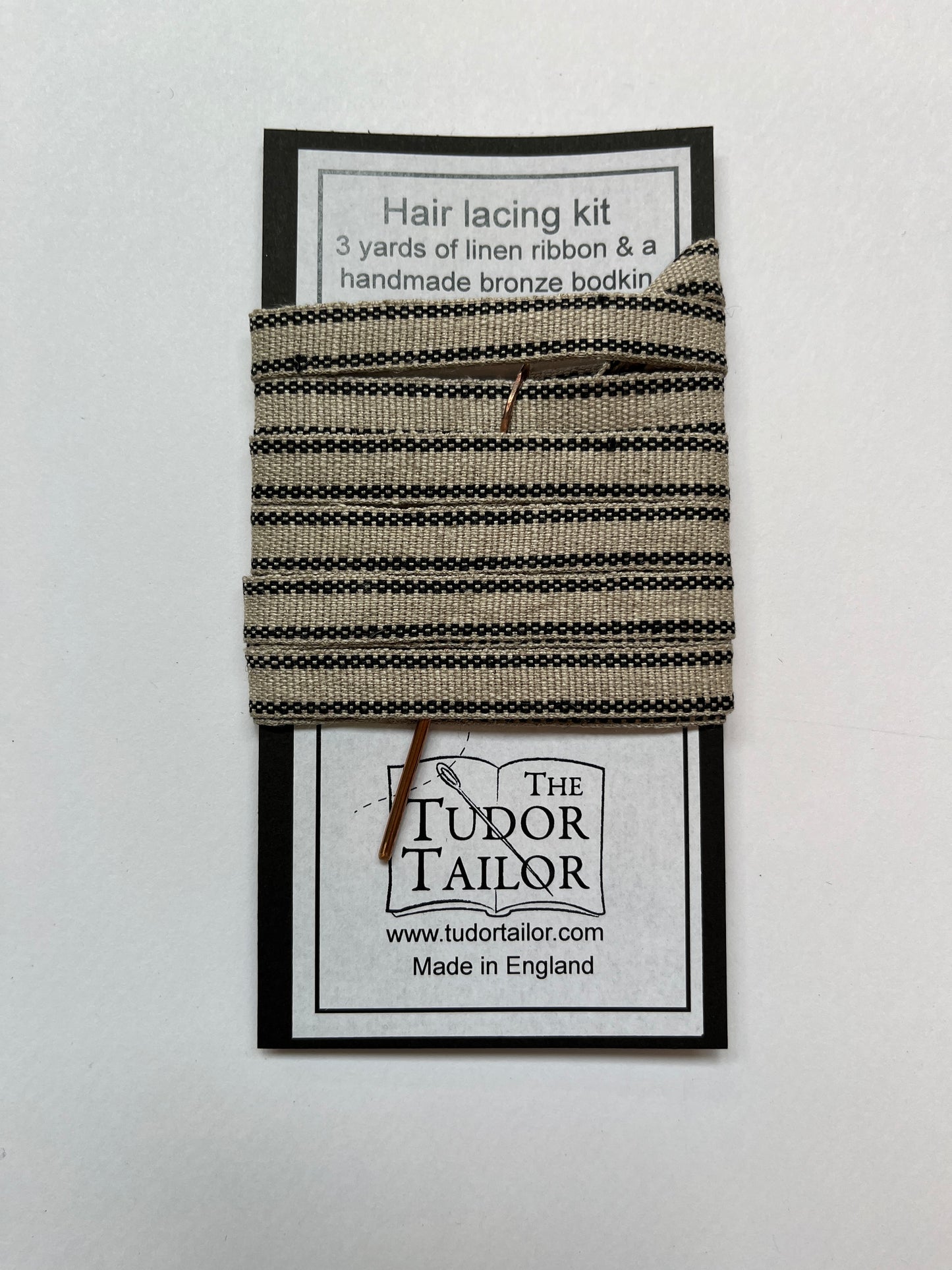 Hair lacing kit in various colours for Tudor or Elizabethan reenactment featuring bronze bodkin and linen ribbon