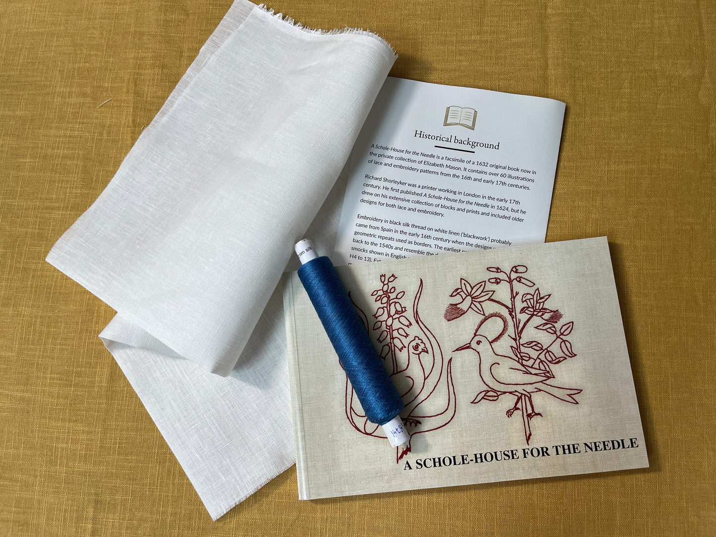 Kit for Elizabethan needlework - A Schole House for the Needle Facismile Book, silk thread & white linen