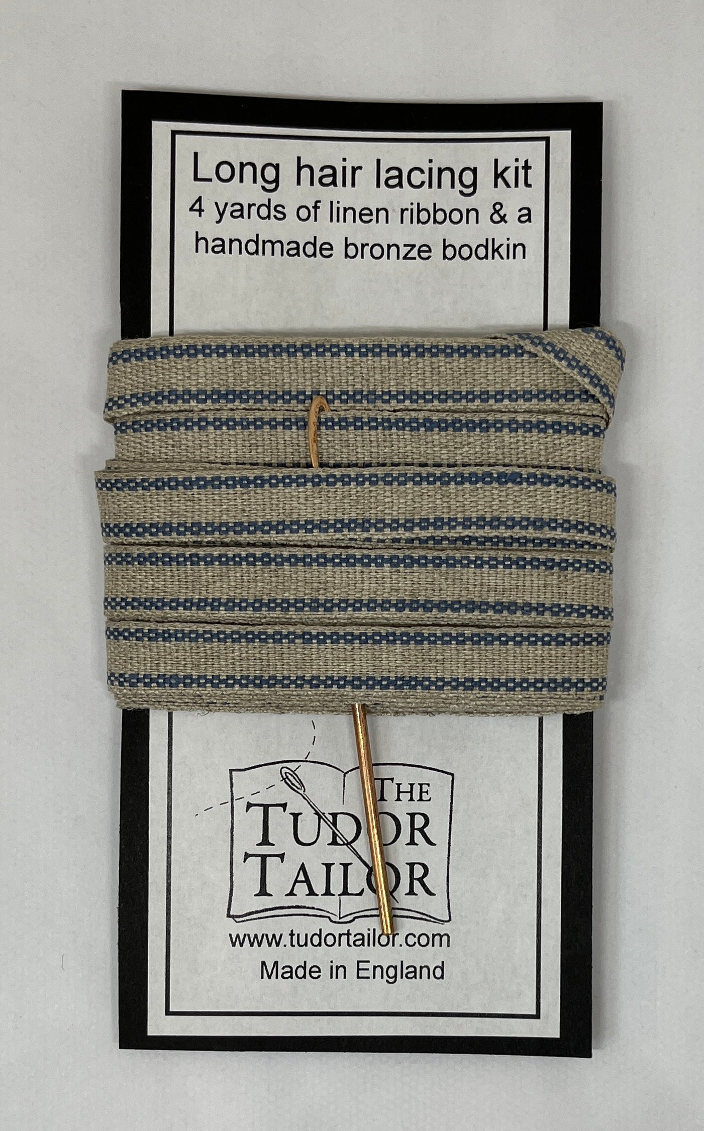 Hair lacing kit in various colours for Tudor or Elizabethan reenactment featuring bronze bodkin and linen ribbon