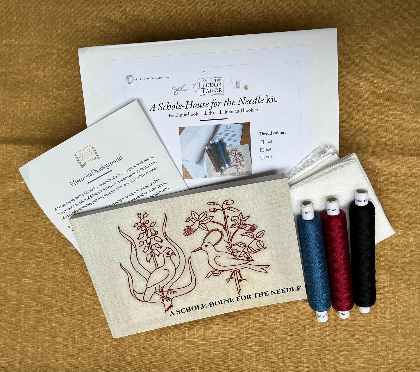 Kit for Elizabethan needlework - A Schole House for the Needle Facismile Book, silk thread & white linen