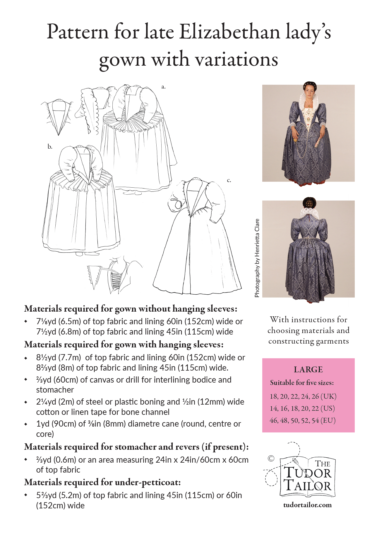 Pattern for late Elizabethan lady's gown with variations