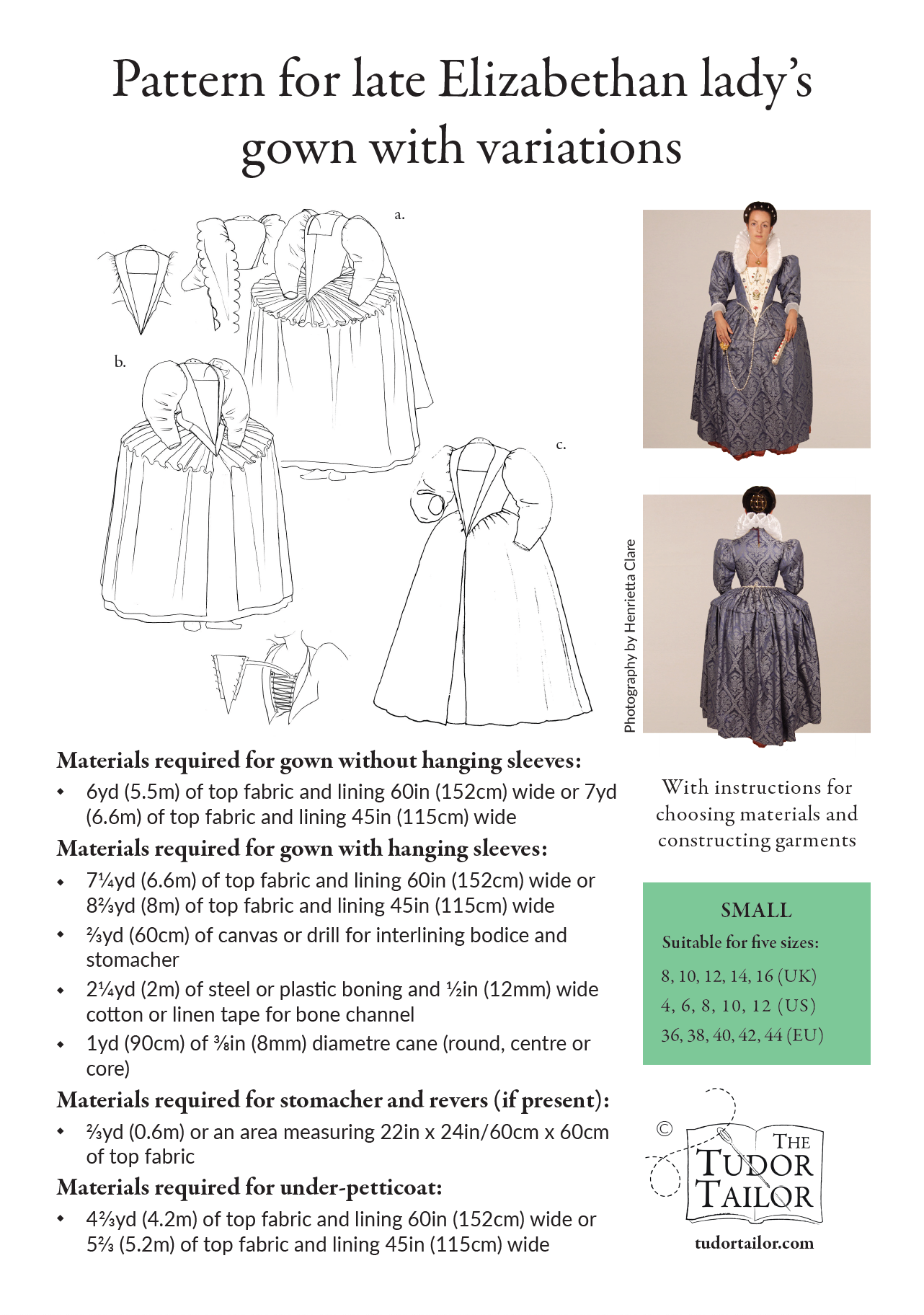 Pattern for late Elizabethan lady's gown with variations