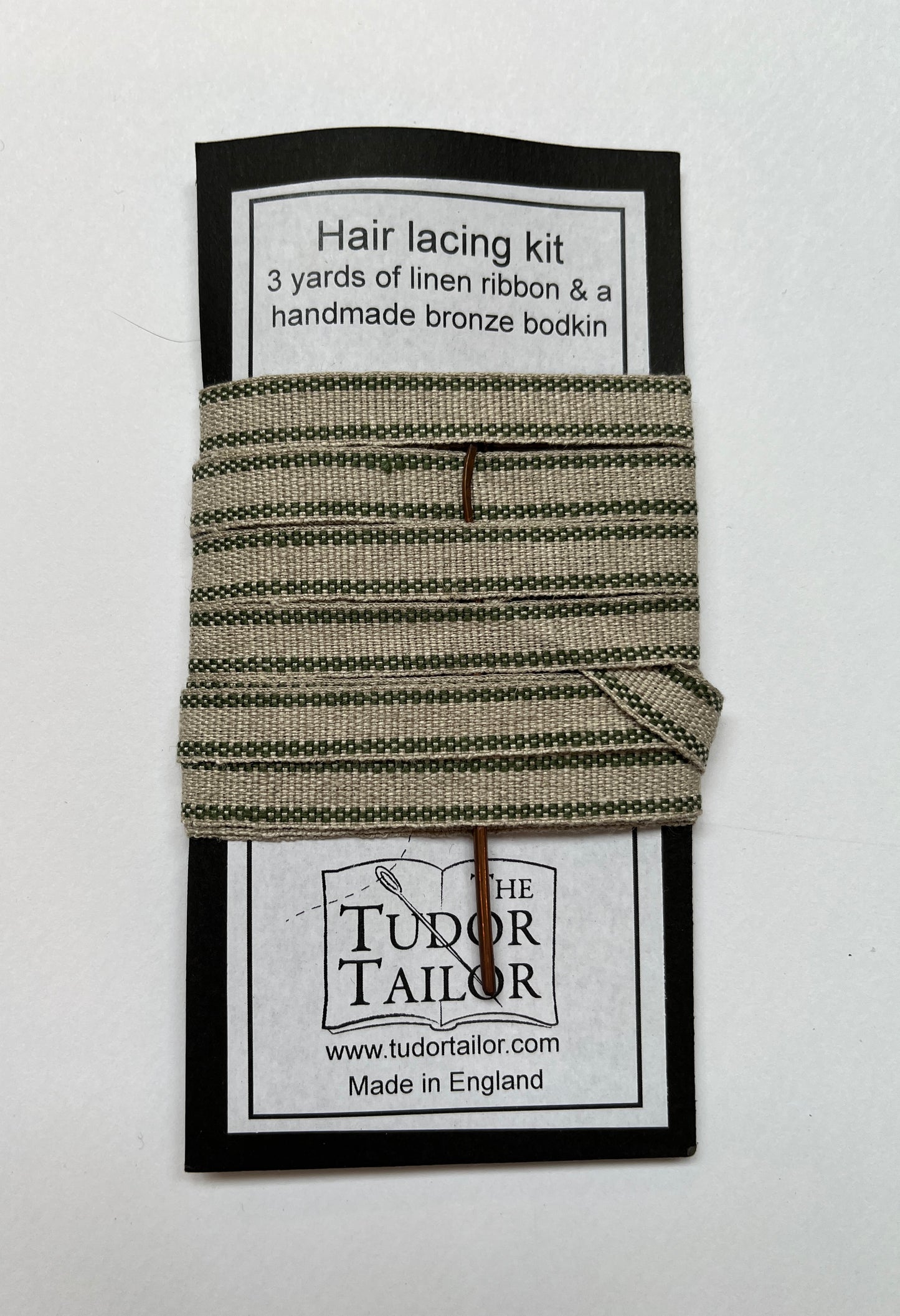 Hair lacing kit in various colours for Tudor or Elizabethan reenactment featuring bronze bodkin and linen ribbon
