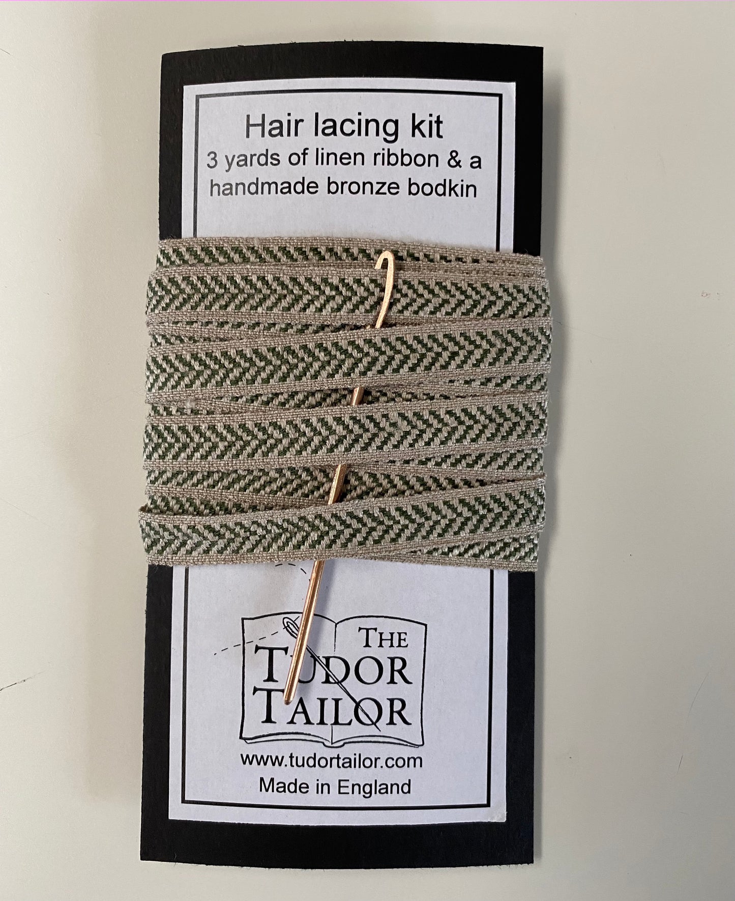 Hair lacing kit in various colours for Tudor or Elizabethan reenactment featuring bronze bodkin and linen ribbon