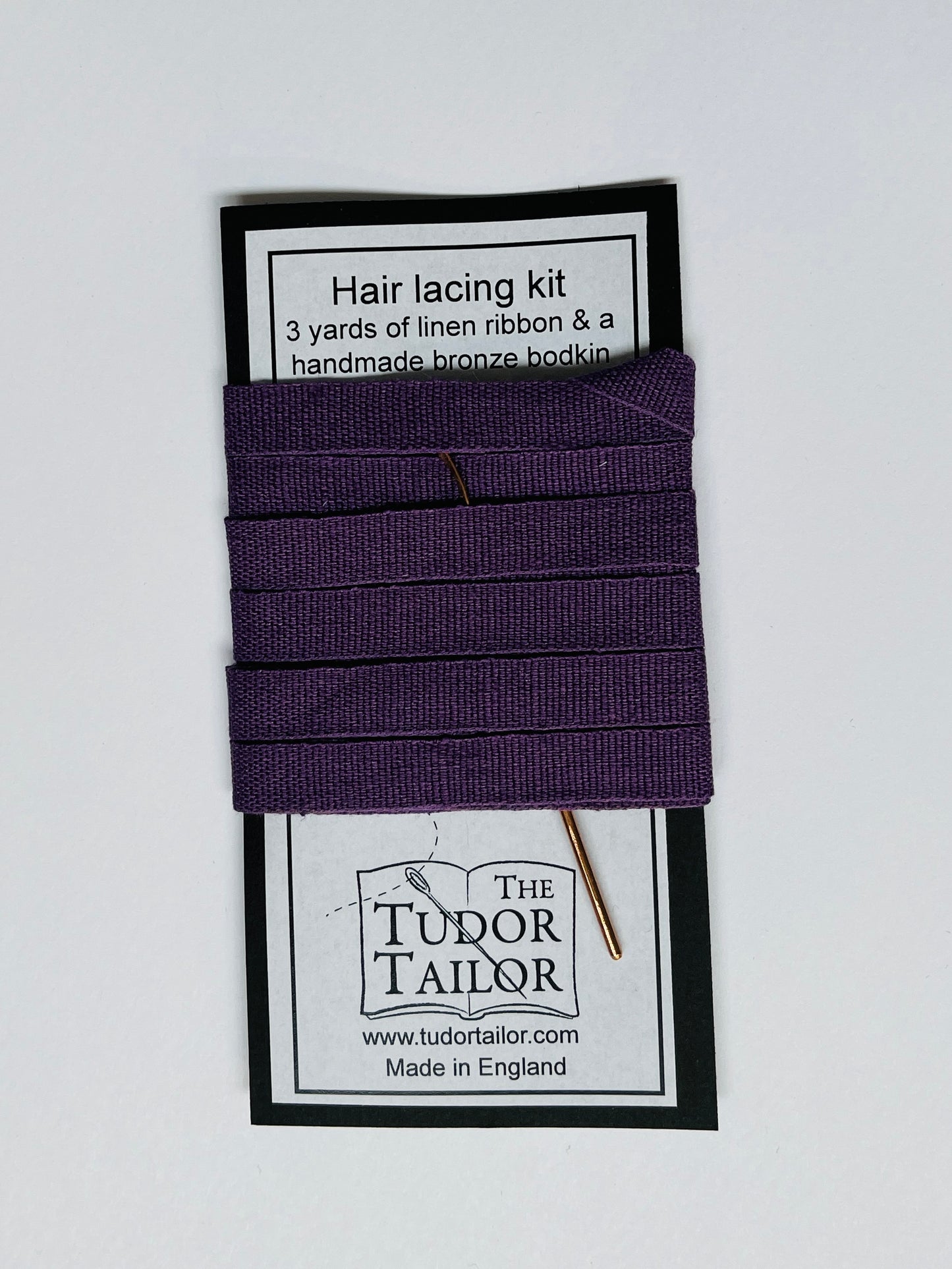Hair lacing kit in various colours for Tudor or Elizabethan reenactment featuring bronze bodkin and linen ribbon