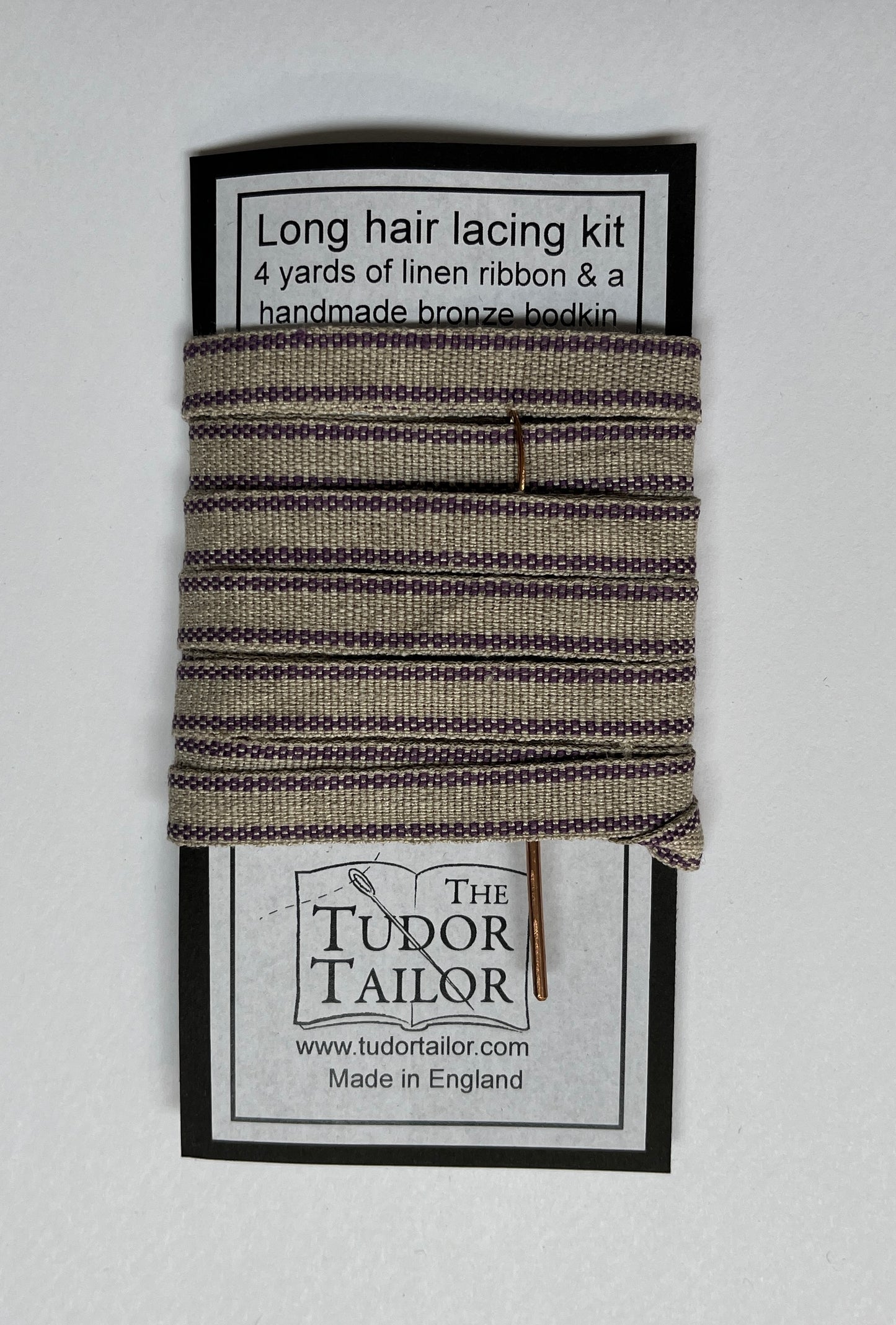 Hair lacing kit in various colours for Tudor or Elizabethan reenactment featuring bronze bodkin and linen ribbon