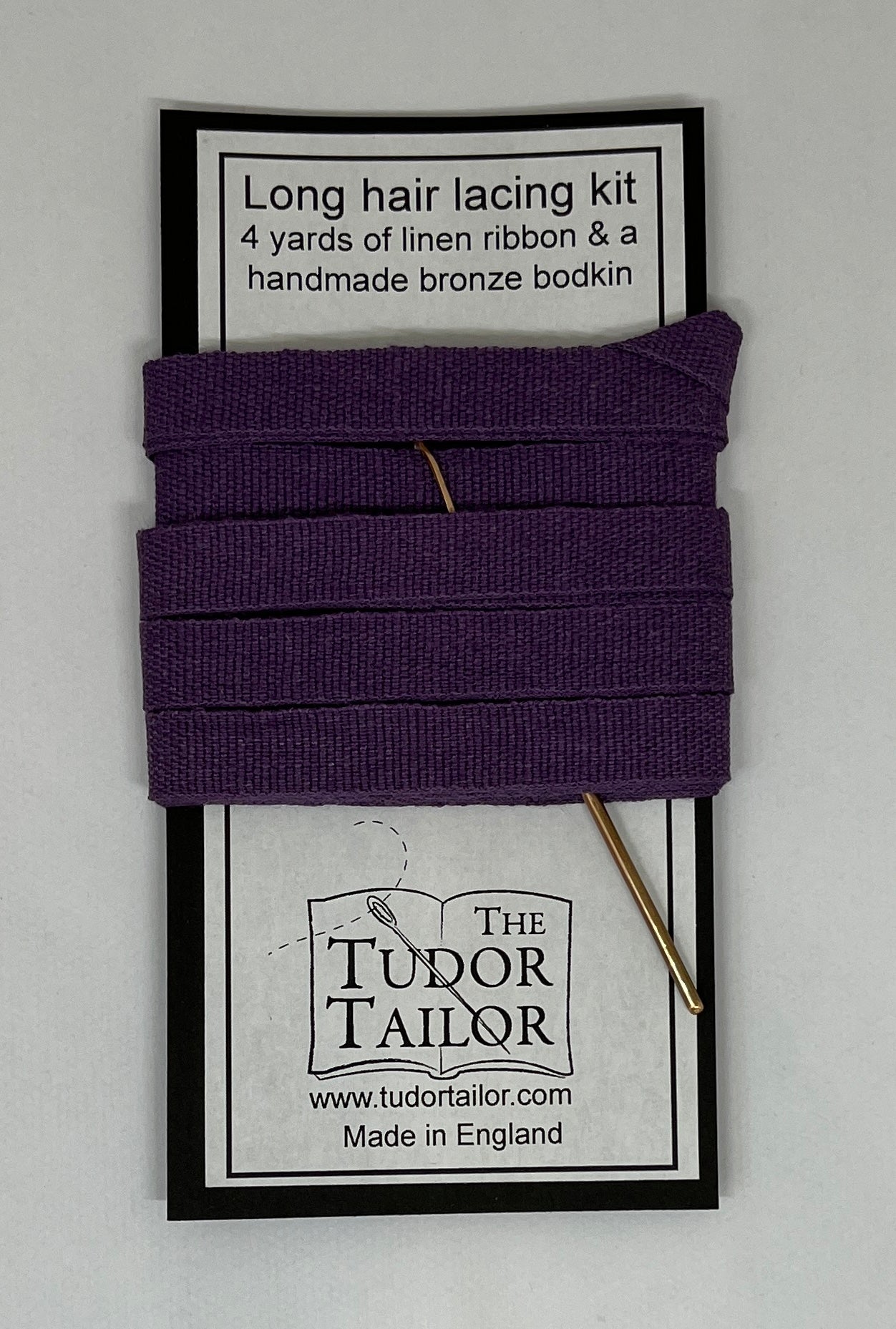 Hair lacing kit in various colours for Tudor or Elizabethan reenactment featuring bronze bodkin and linen ribbon
