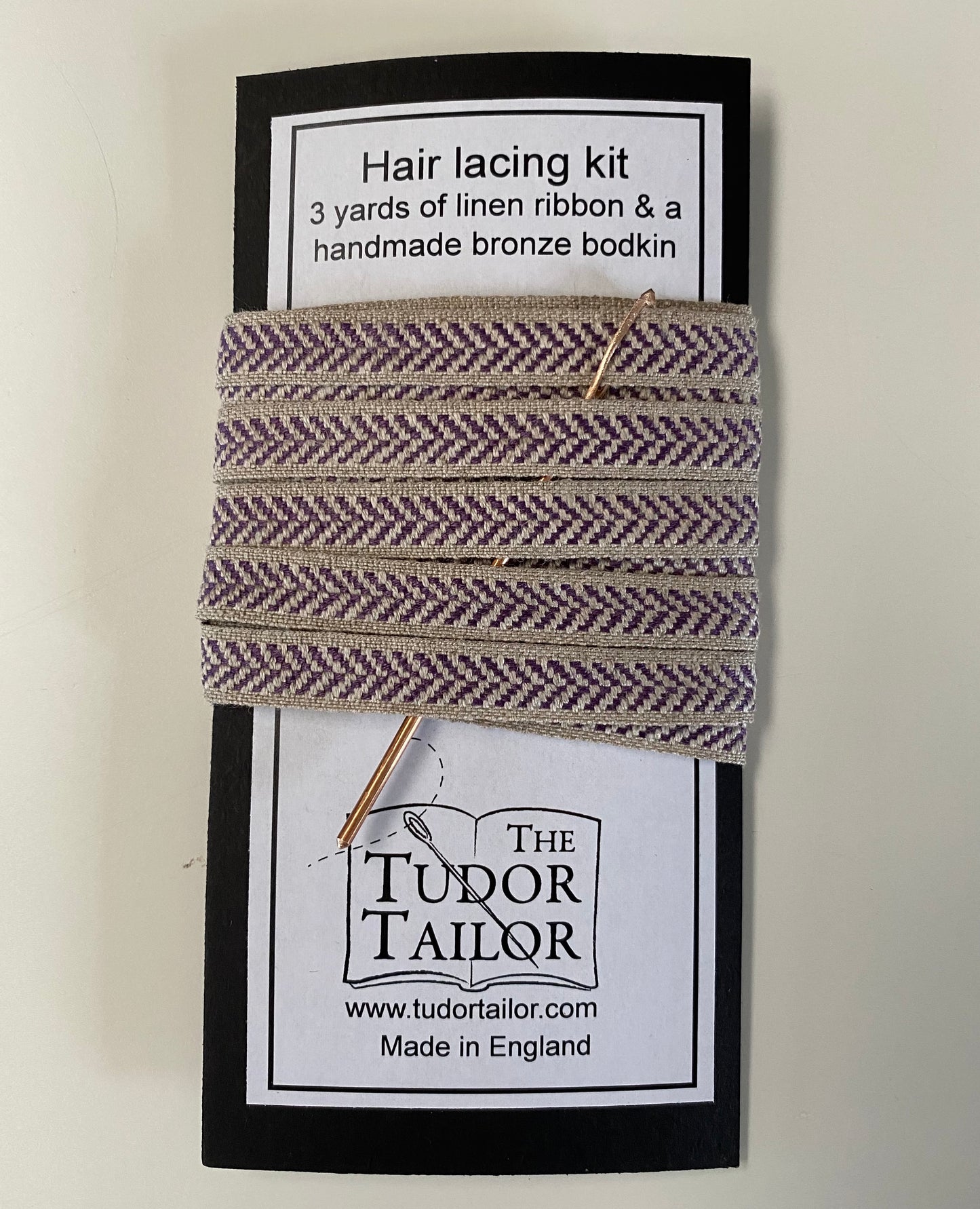 Hair lacing kit in various colours for Tudor or Elizabethan reenactment featuring bronze bodkin and linen ribbon
