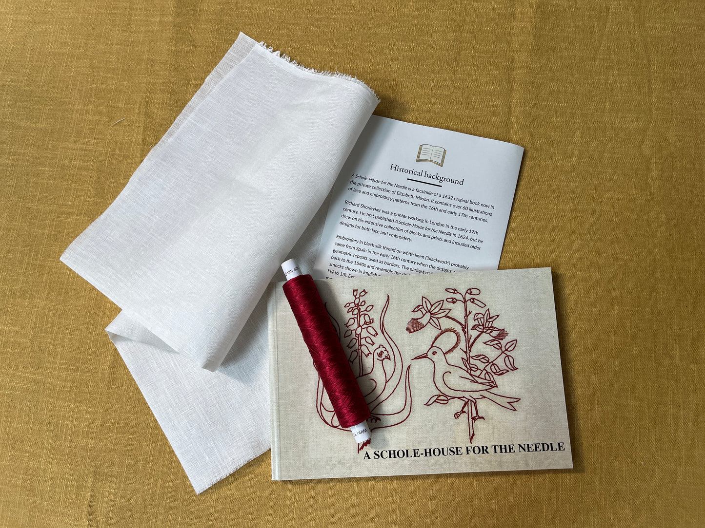 Kit for Elizabethan needlework - A Schole House for the Needle Facismile Book, silk thread & white linen