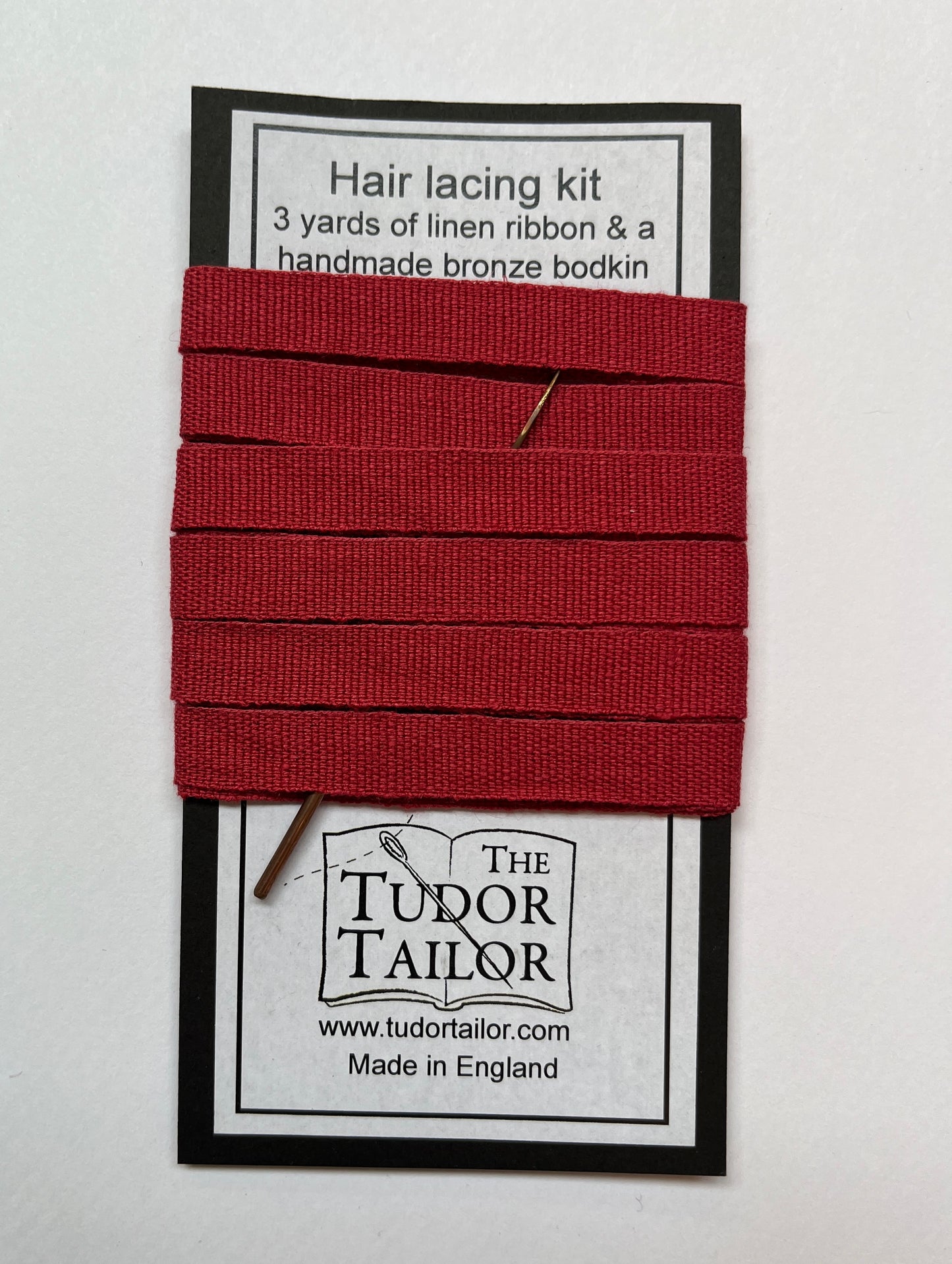 Hair lacing kit in various colours for Tudor or Elizabethan reenactment featuring bronze bodkin and linen ribbon