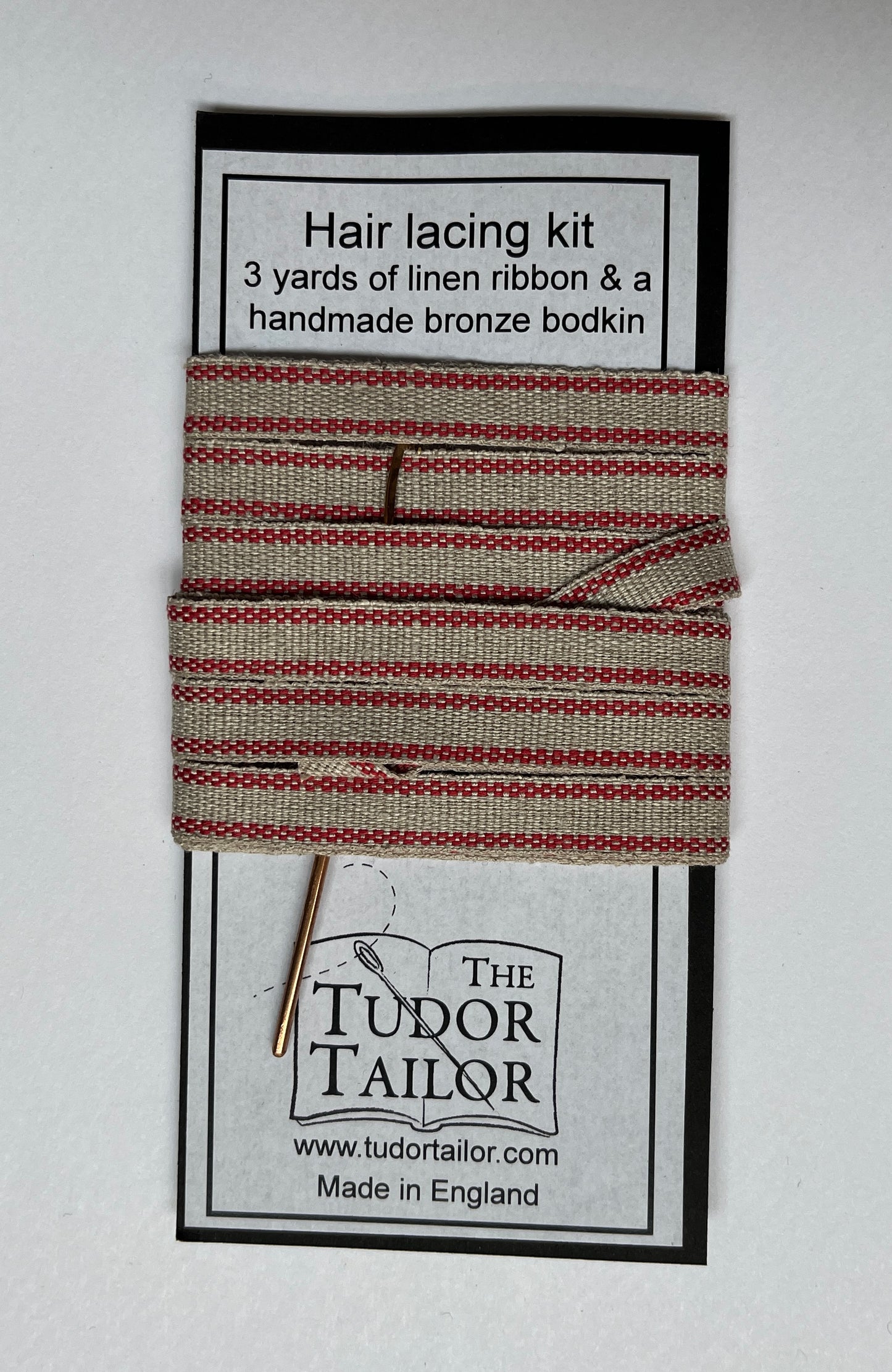 Hair lacing kit in various colours for Tudor or Elizabethan reenactment featuring bronze bodkin and linen ribbon