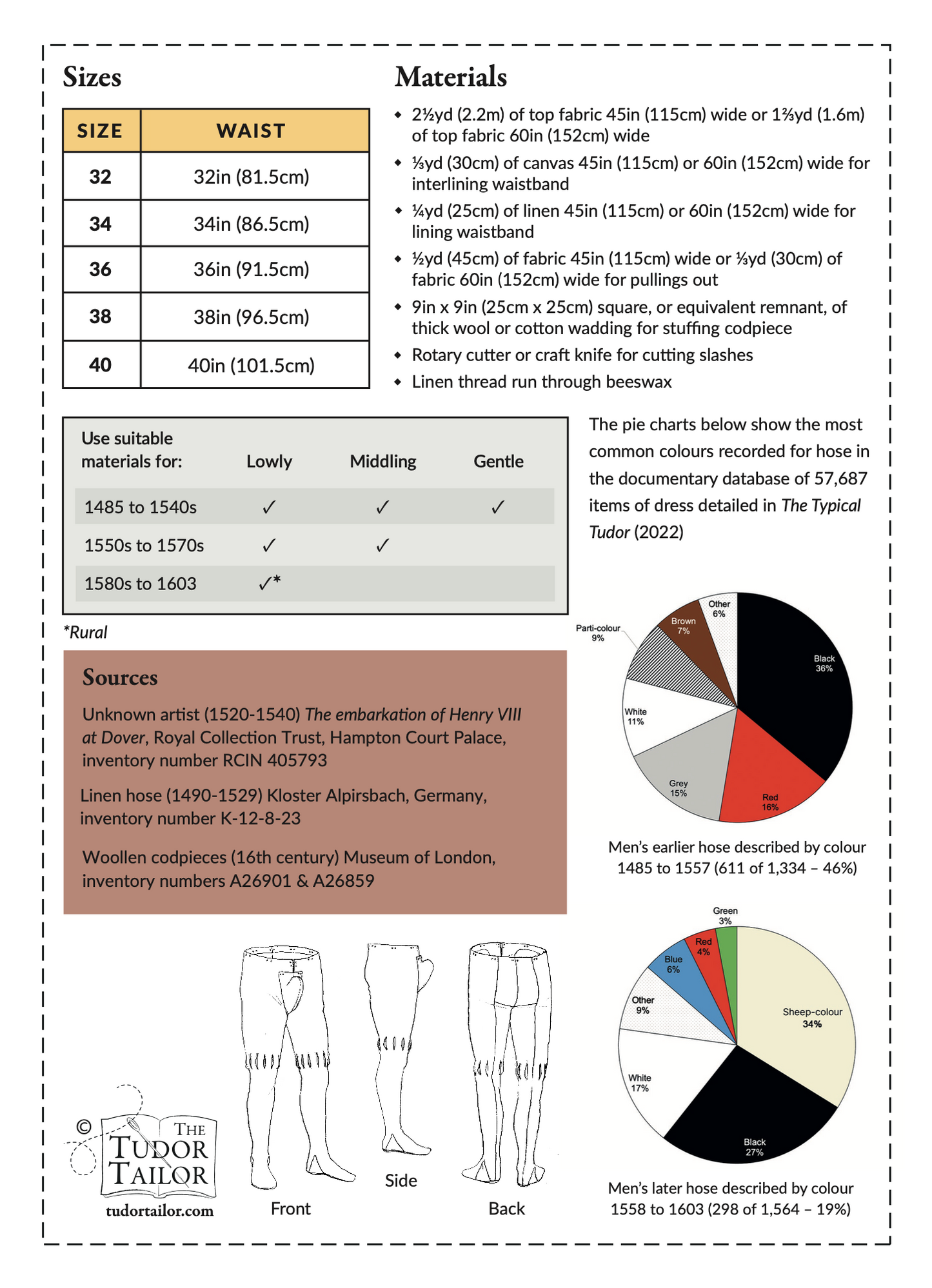 Pattern for Tudor man's slashed bias-cut footed hose