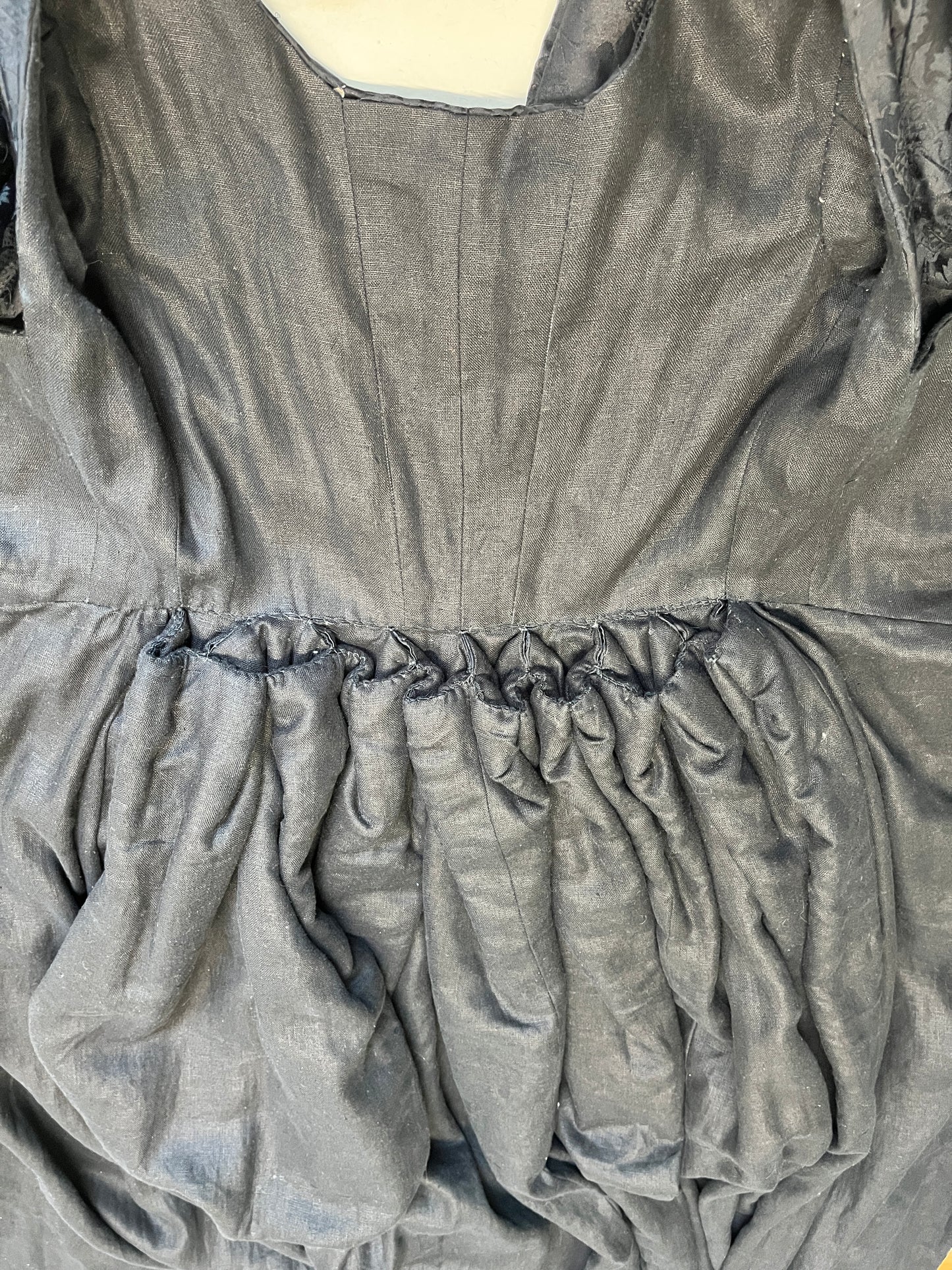 Finished costume - Silk damask gown, silk satin kirtle with jewelled neckline and strapwork sleeves