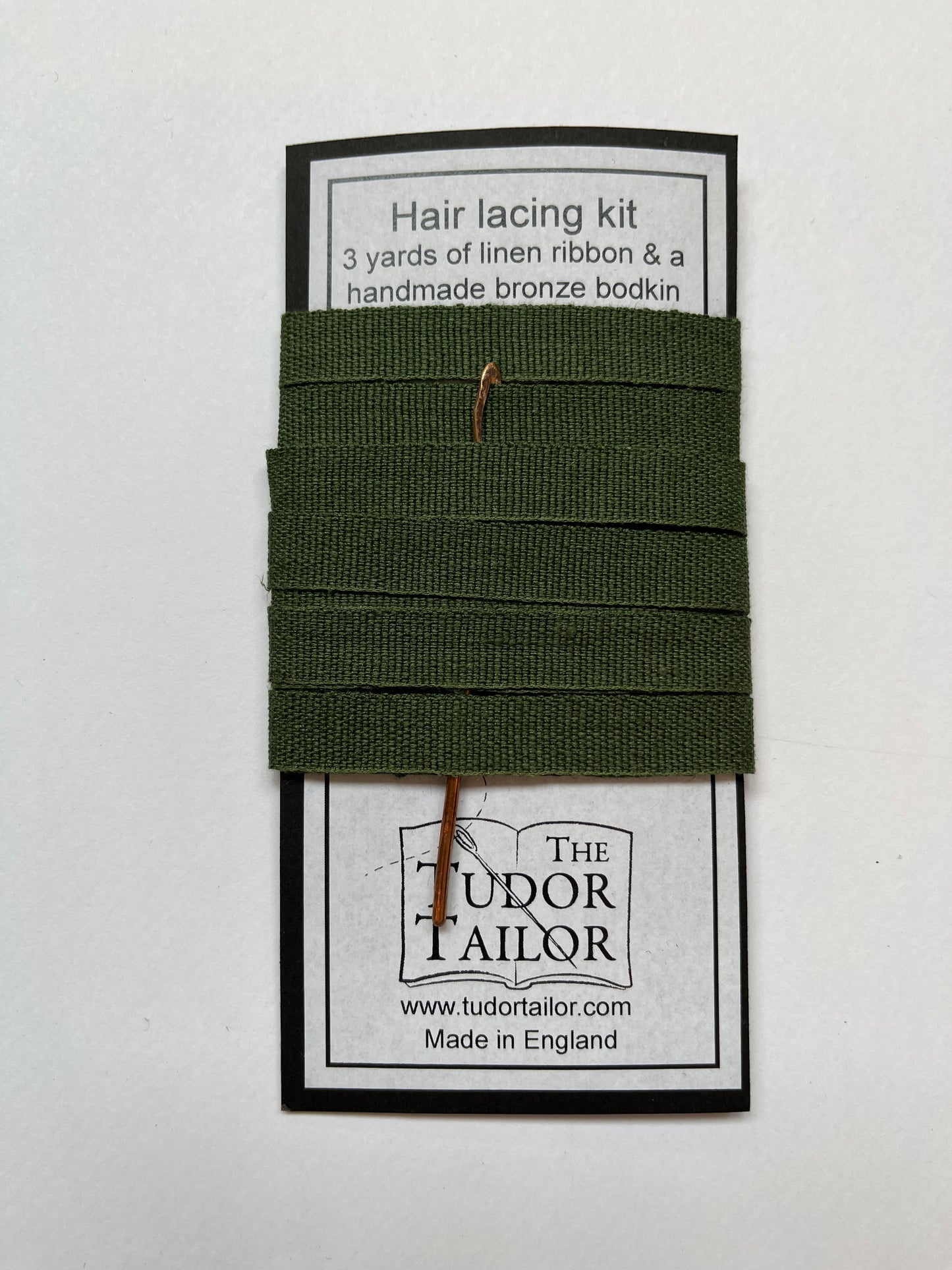 Hair lacing kit in various colours for Tudor or Elizabethan reenactment featuring bronze bodkin and linen ribbon