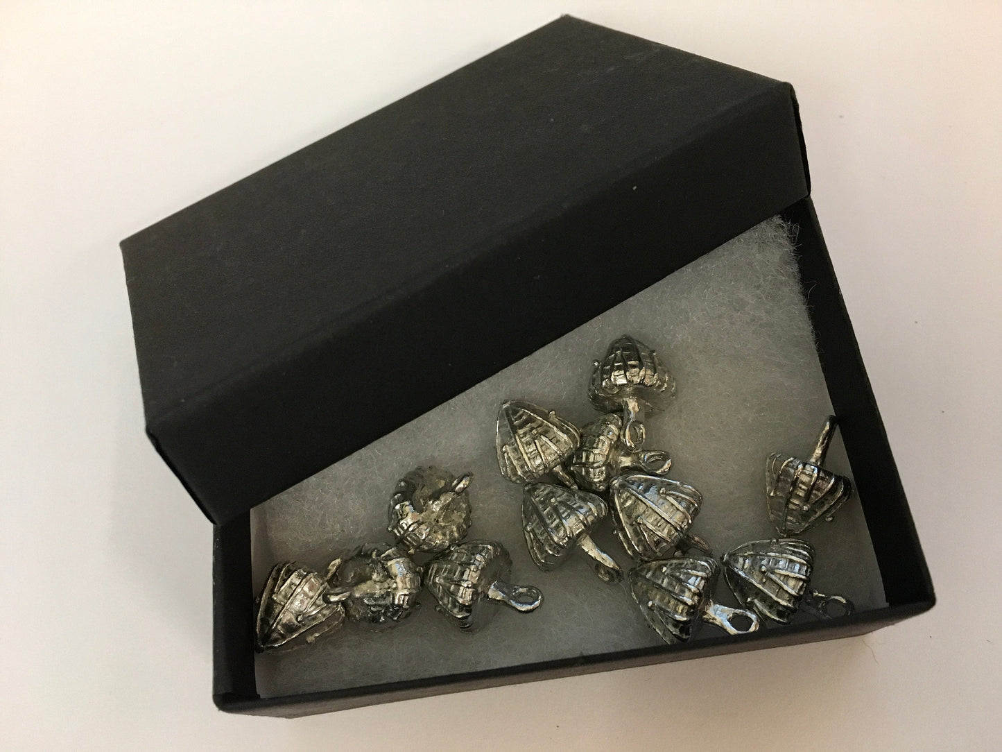 Set of 12 replica Tudor pewter thread cone buttons for Renaissance or Elizabethan reenactment in two sizes, 3/8" (10mm) or 1/2" (13mm)