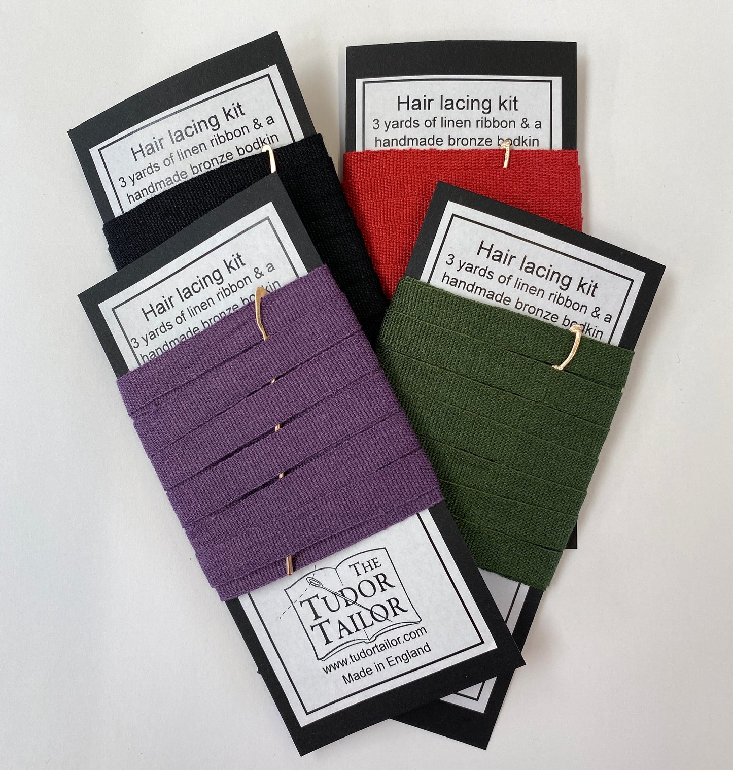 Hair lacing kit in various colours for Tudor or Elizabethan reenactment featuring bronze bodkin and linen ribbon