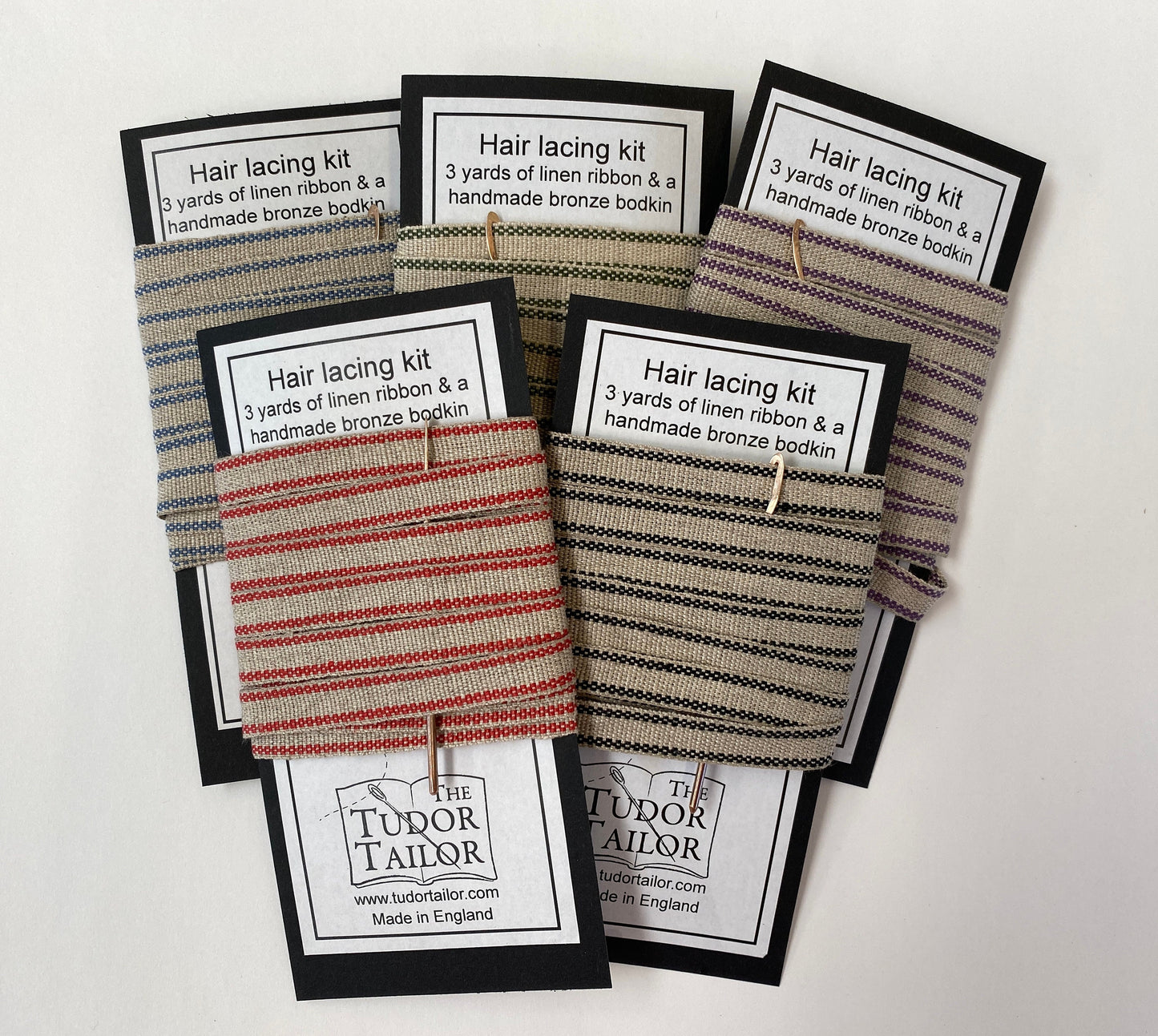 Hair lacing kit in various colours for Tudor or Elizabethan reenactment featuring bronze bodkin and linen ribbon
