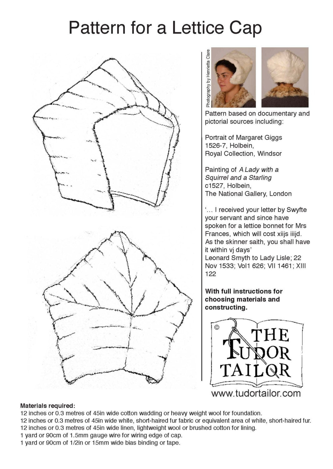 Pattern for Tudor woman's lettice cap