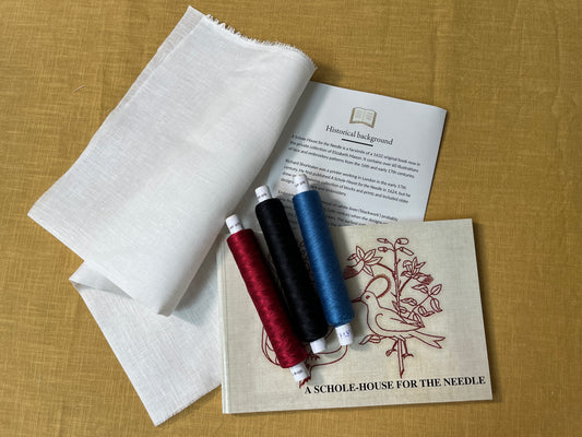 Kit for Elizabethan needlework - A Schole House for the Needle Facismile Book, silk thread & white linen