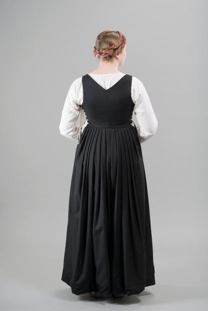 Finished garment - Tudor woman's black worsted kirtle as featured in The Typical Tudor