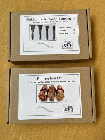 Combined offer: Printing (or stamping) tool set for Tudor style 16th century textile embossing PLUS Pinking (or slashing) and buttonhole tool set for Tudor style 16th century fabric cutting