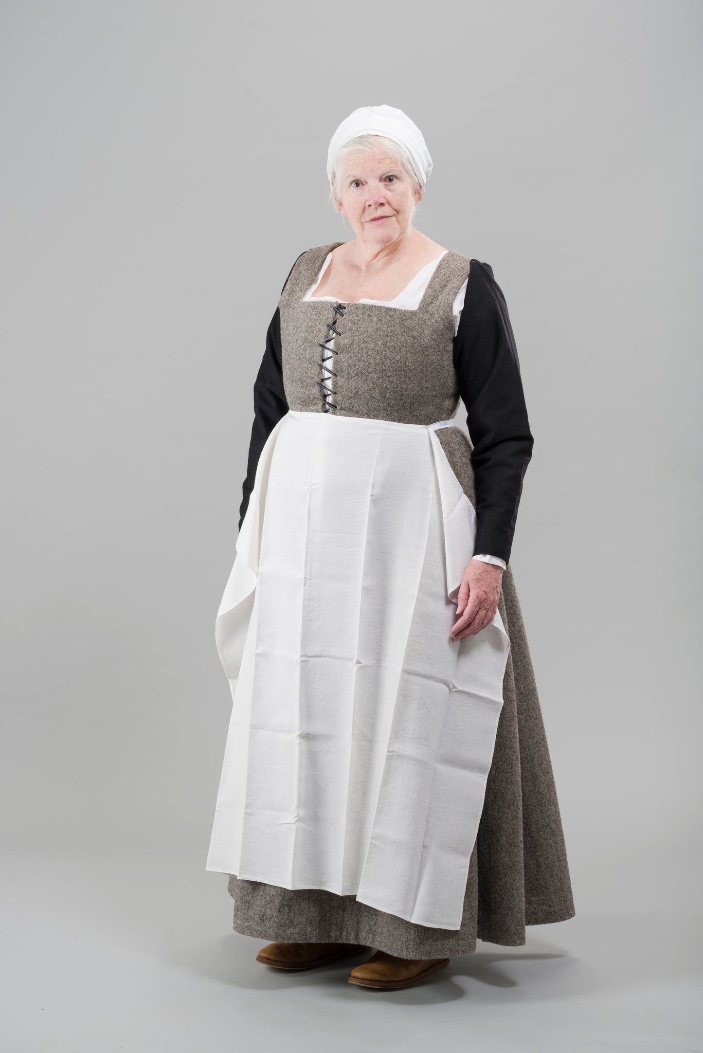 Finished garment - Tudor woman's grey russet kirtle and separate sleeves as featured in The Typical Tudor