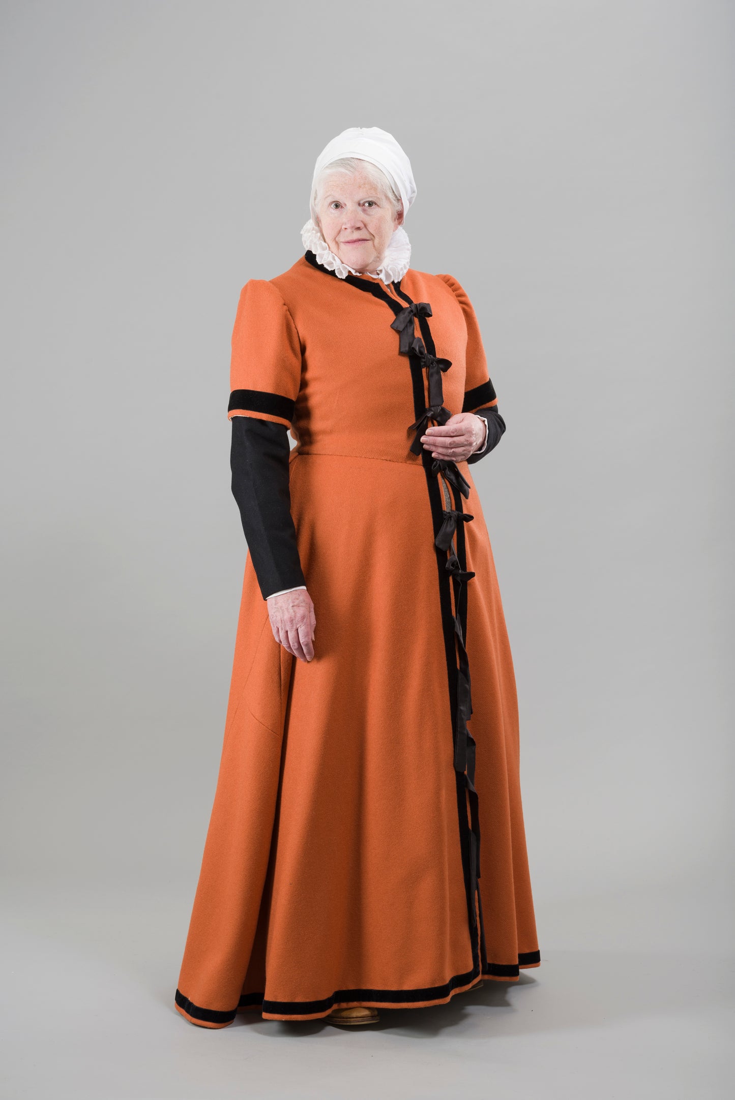 Finished garment - Tawny wool high bodied round gown as featured in The Typical Tudor
