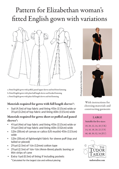 Pattern for Elizabethan woman's fitted English gown with variations