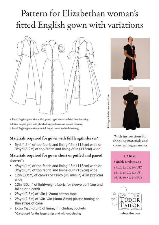 Pattern for Elizabethan woman's fitted English gown with variations ...