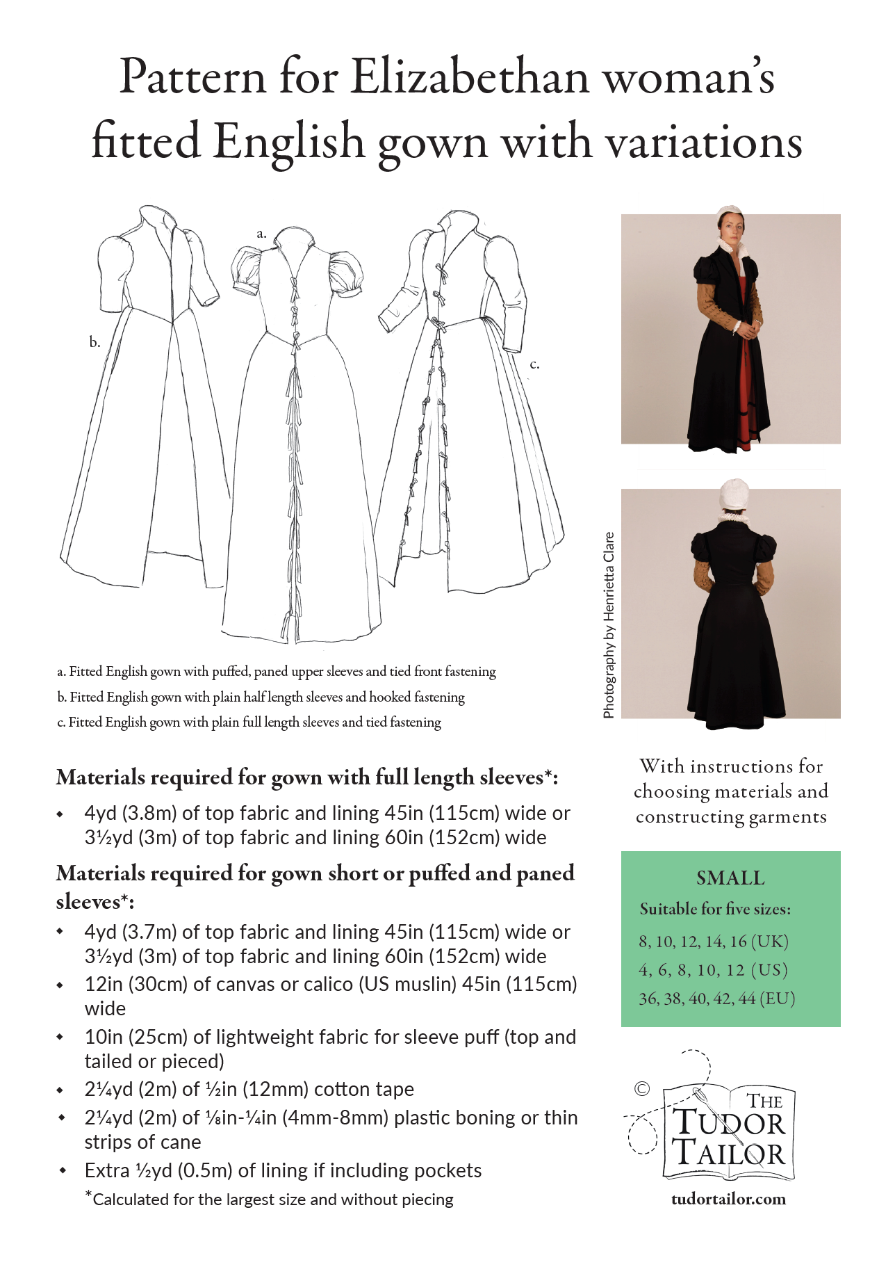 Pattern for Elizabethan woman's fitted English gown with variations