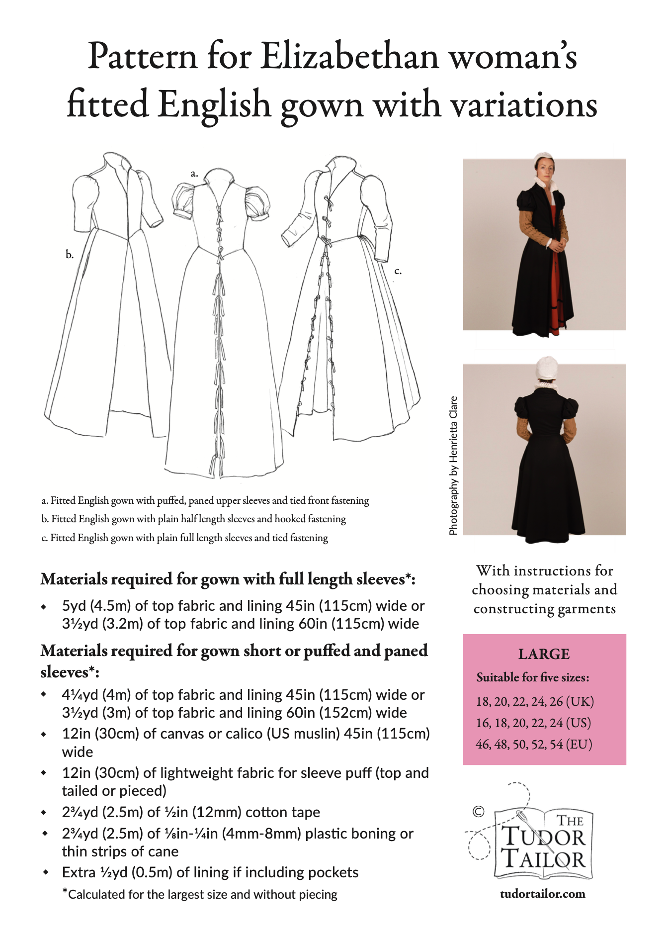 Pattern for Elizabethan woman's fitted English gown with variations