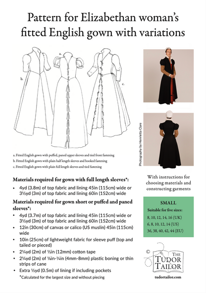 Pattern for Elizabethan woman's fitted English gown with variations
