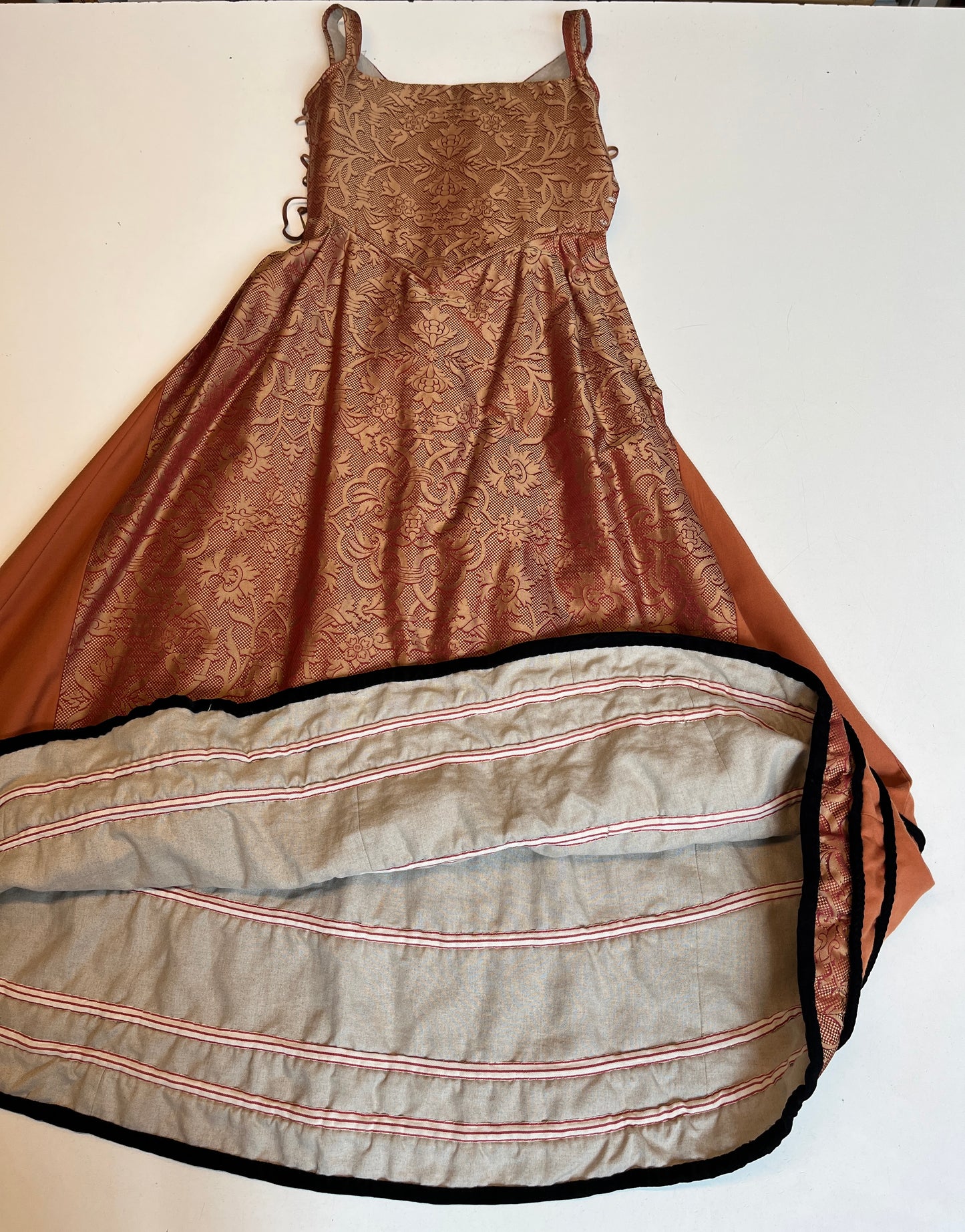 Finished garment - Tawny silk damask and worsted kirtle as featured in The Typical Tudor