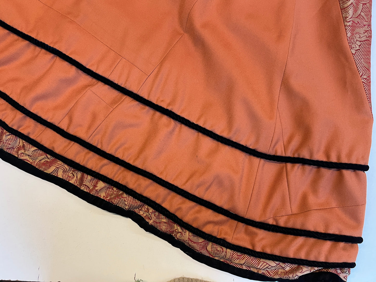 Finished garment - Tawny silk damask and worsted kirtle as featured in The Typical Tudor