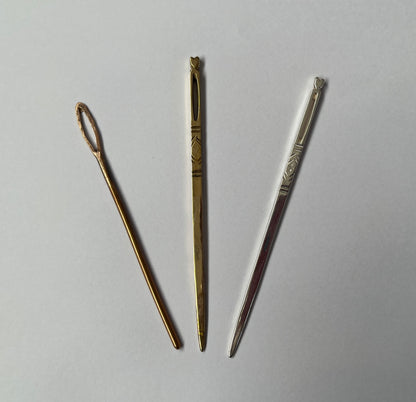 Tudor style embellished bodkin in solid silver, brass or bronze for lacing and finishing knitted garments for reenactment