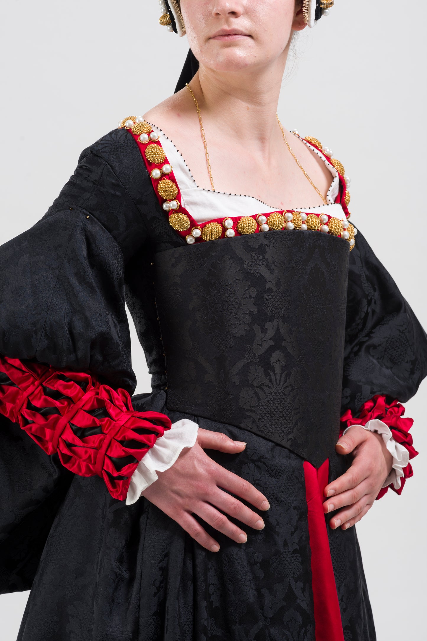Finished costume - Silk damask gown, silk satin kirtle with jewelled neckline and strapwork sleeves
