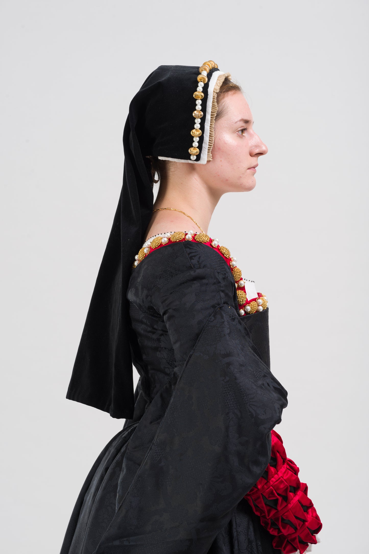 Finished costume - Silk damask gown, silk satin kirtle with jewelled neckline and strapwork sleeves