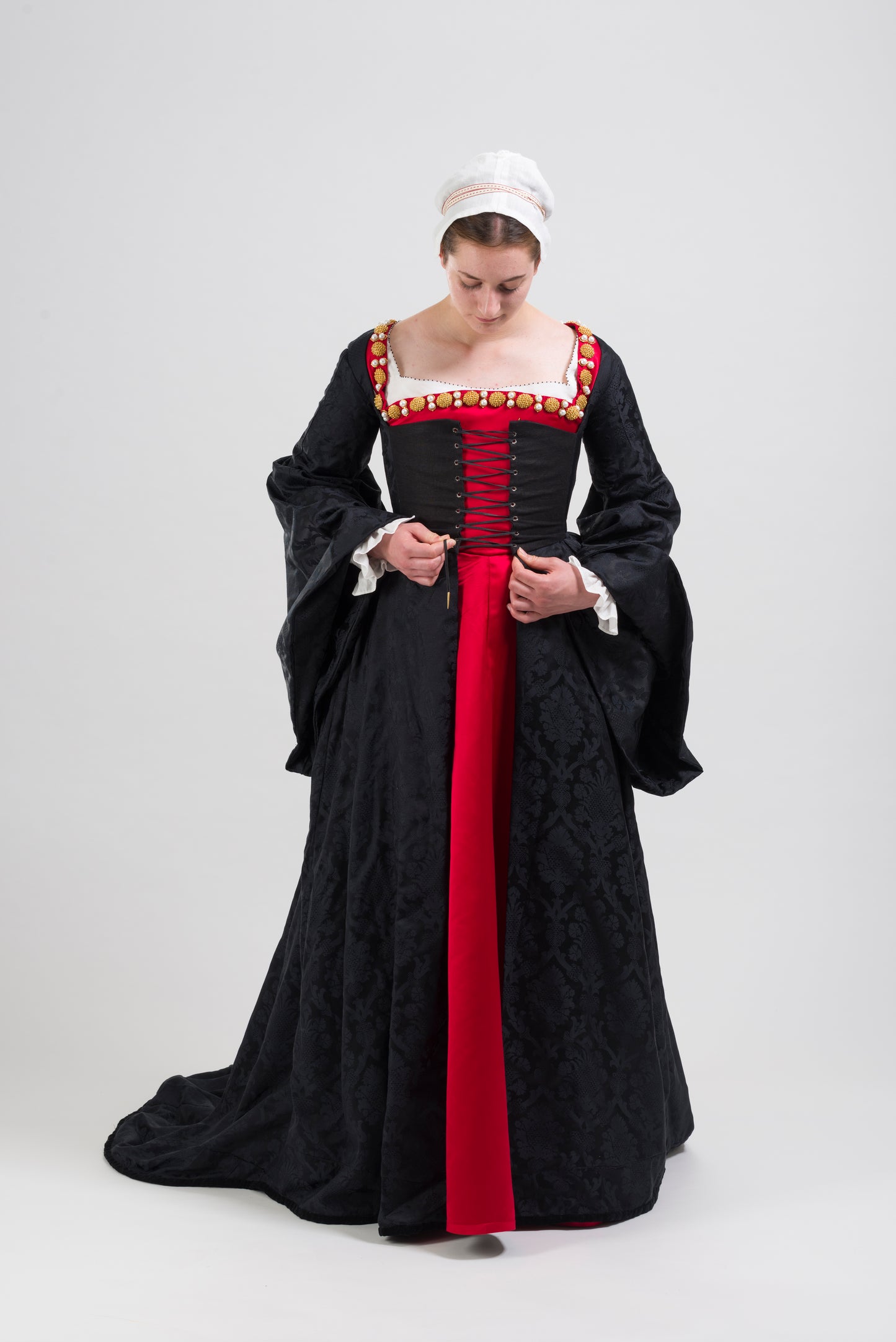 Finished costume - Silk damask gown, silk satin kirtle with jewelled neckline and strapwork sleeves