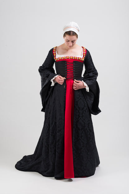 Finished costume - Silk damask gown, silk satin kirtle with jewelled neckline and strapwork sleeves