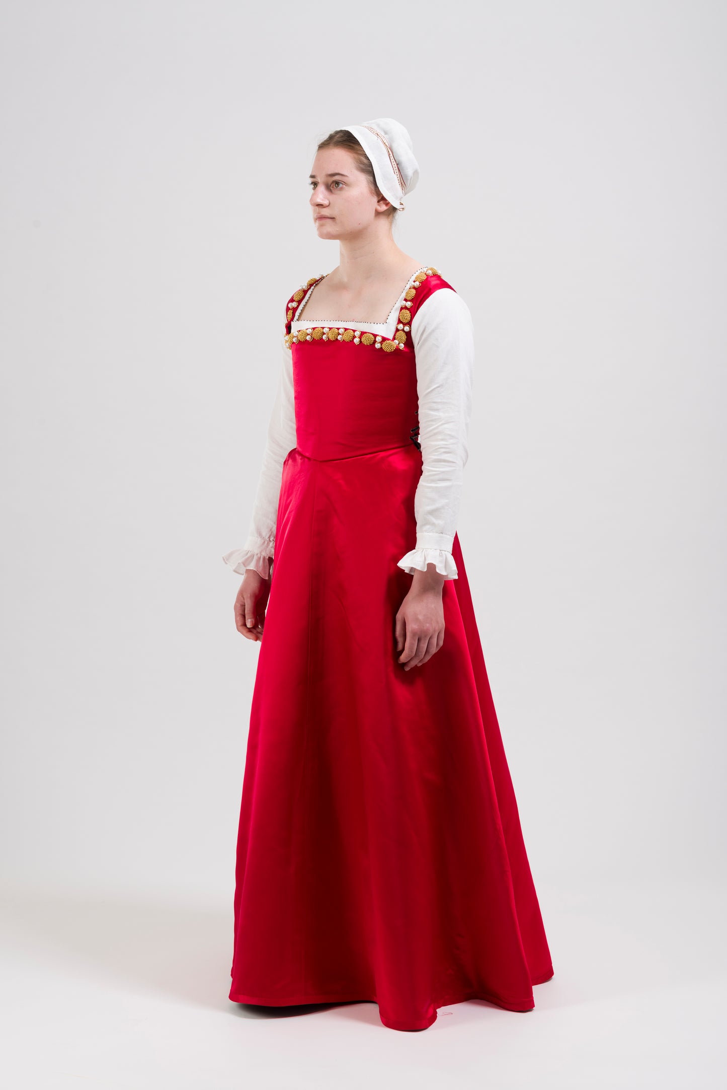 Finished costume - Silk damask gown, silk satin kirtle with jewelled neckline and strapwork sleeves