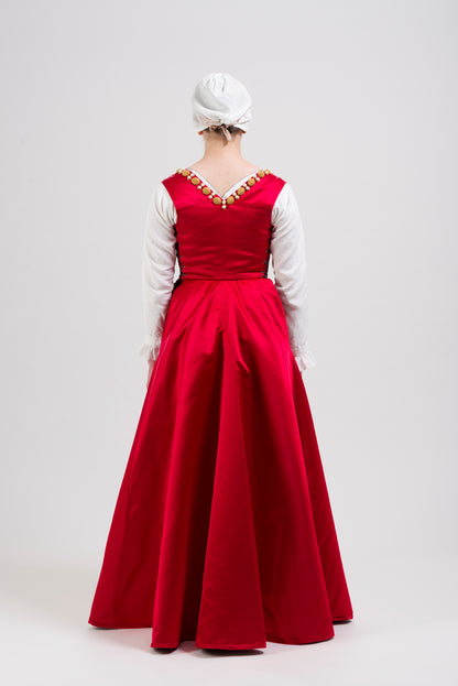 Finished costume - Silk damask gown, silk satin kirtle with jewelled neckline and strapwork sleeves