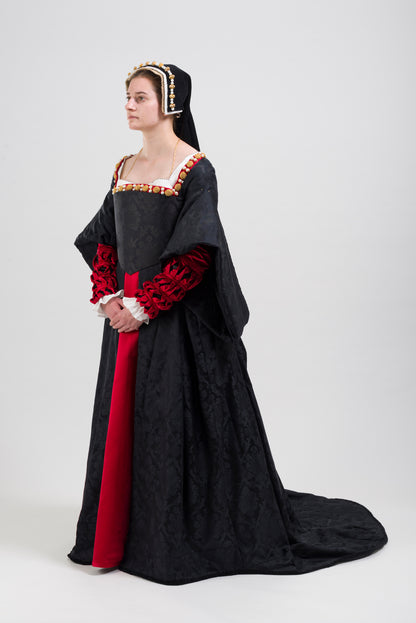 Finished costume - Silk damask gown, silk satin kirtle with jewelled neckline and strapwork sleeves