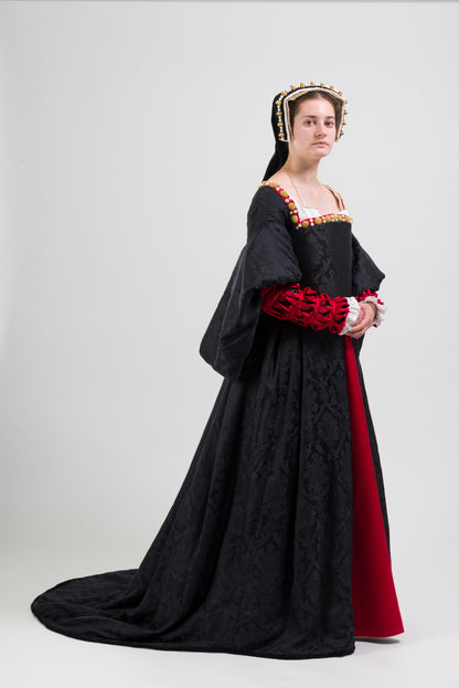 Finished costume - Silk damask gown, silk satin kirtle with jewelled neckline and strapwork sleeves