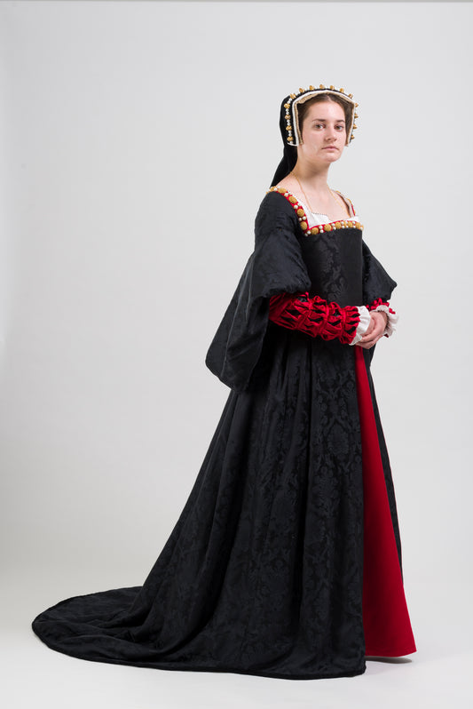 Finished costume - Silk damask gown, silk satin kirtle with jewelled neckline and strapwork sleeves