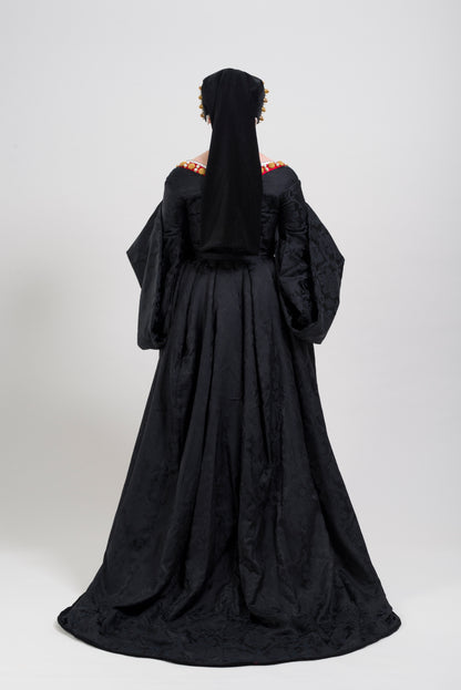 Finished costume - Silk damask gown, silk satin kirtle with jewelled neckline and strapwork sleeves