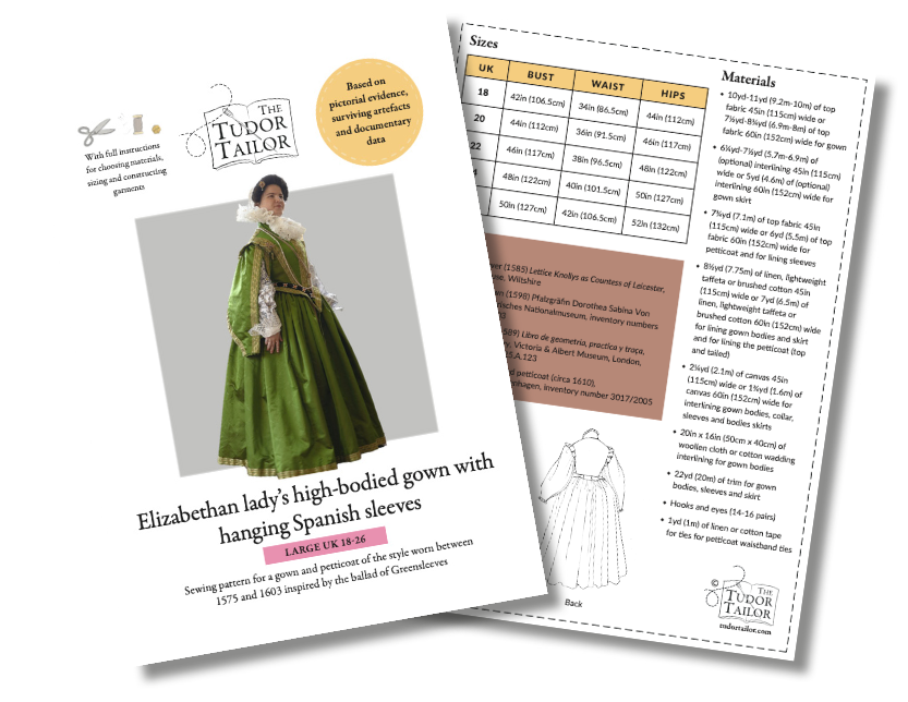 Pattern for Elizabethan Lady's high-bodied gown with hanging Spanish sleeves