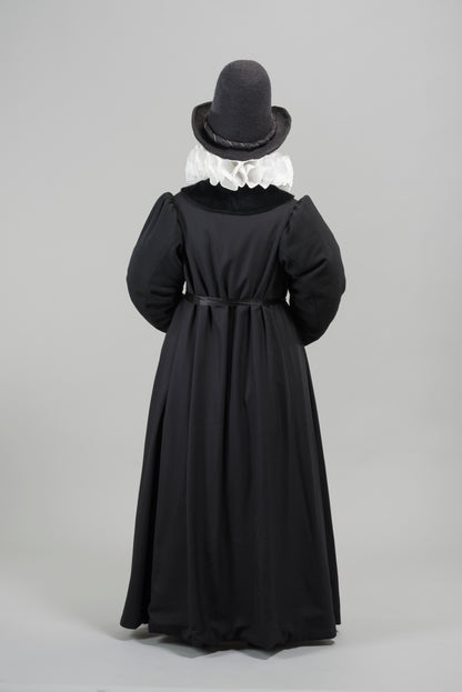 Finished garment - Tudor woman's black worsted gown as featured in The Typical Tudor