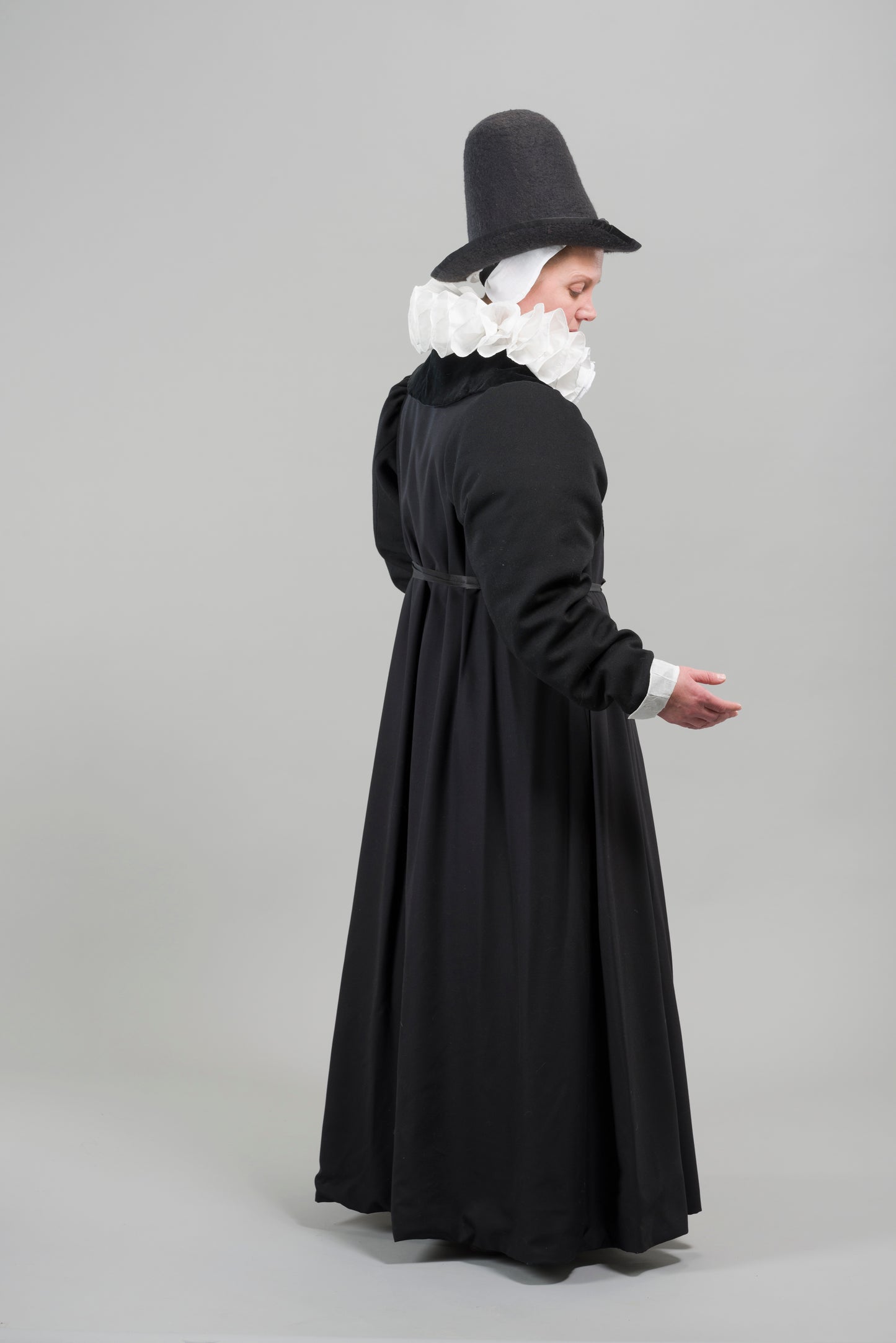Finished garment - Tudor woman's black worsted gown as featured in The Typical Tudor
