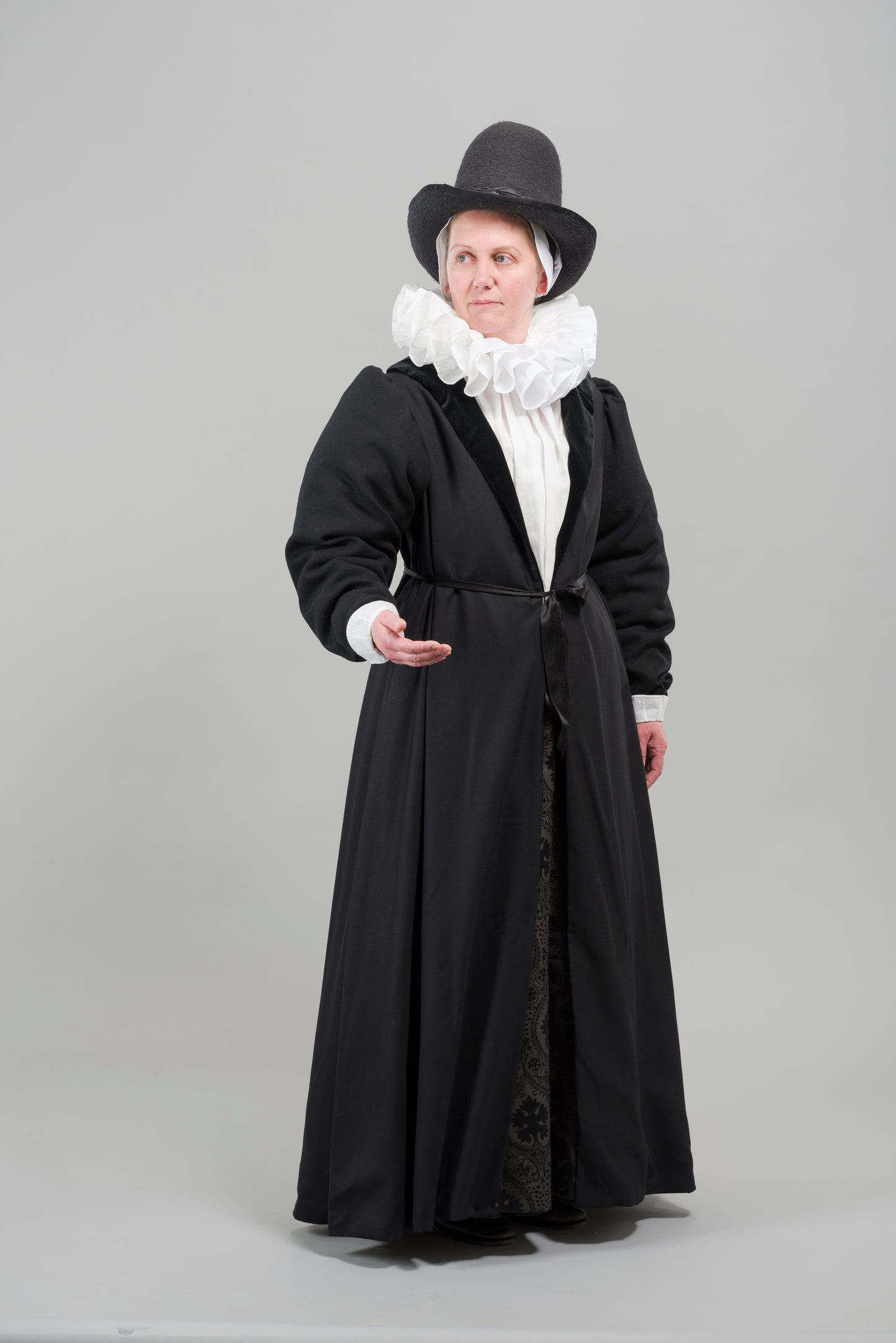 Finished garment - Tudor woman's black worsted gown as featured in The Typical Tudor